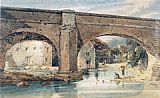 Thomas Girtin Famous Paintings - Wetherby Bridge, Yorkshire, looking through the bridge to the mills